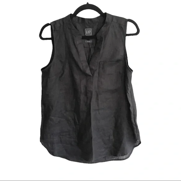 (SOLD) GAP Black Linen Sleeveless Popover Tank Top Sleeveless Blouse Shirt S - Picture 1 of 3